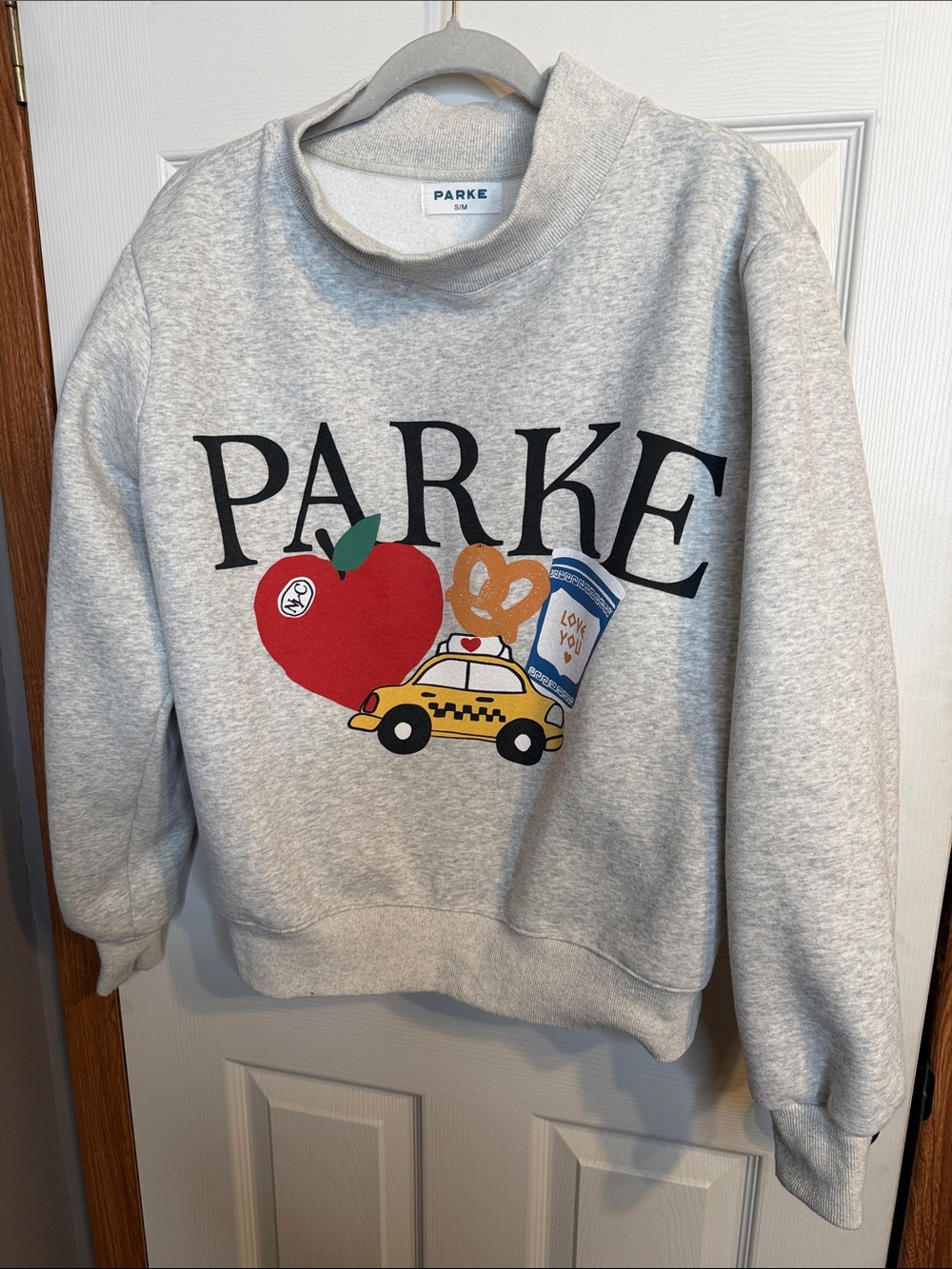 PARKE Grey Graphic Crewneck Sweatshirt with Apple & Taxi Motif